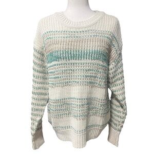 Umgee USA Cream Turquoise Knit Striped Sweater Size Large Fisherman Coastal Blue
